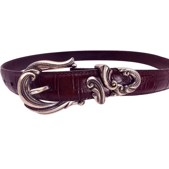 Vintage Brighton Medium Allegro Swirl Croc Embossed Brown Leather Belt - Picture 1 of 10